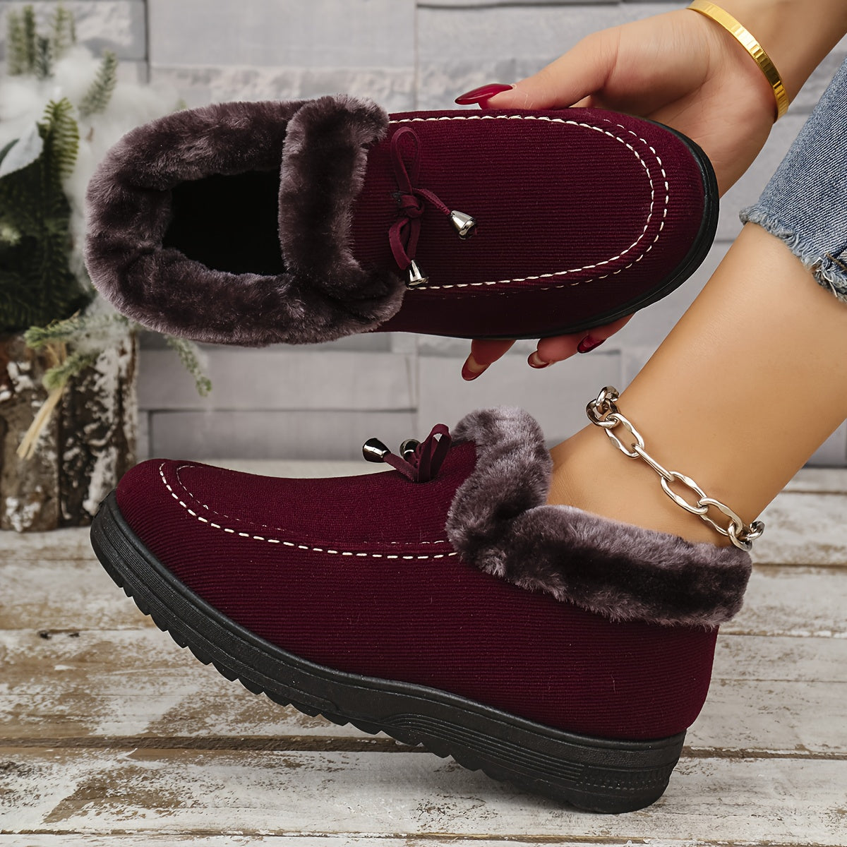 Women's Thick Fleece-Lined Non-Slip Warm Shoes for Winter | Slide On Indoor/Outdoor Casual Ankle Boots, Comfortable Flat Bottom Short , Winter Boots for Women Elegant Classy, Boots with Heels, Wide Width Boots for Women
