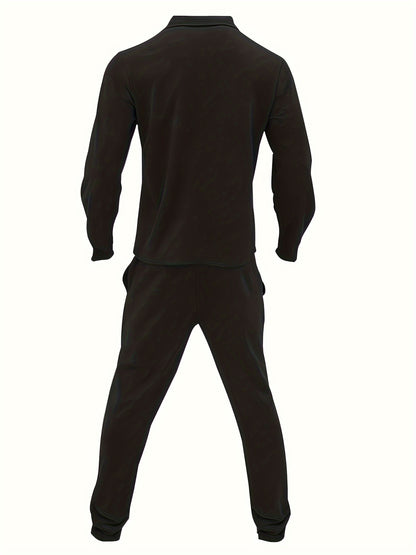 1set Men'S Casual Solid Color Polyester Outfit - Long Sleeve Button-Down Lapel Collar Jacket with Pockets and Drawstring Long Pants Set for Fall/Winter