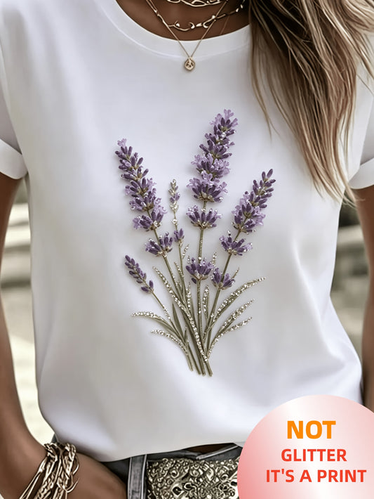 Women's Casual Cotton Blend Printed T-Shirt, Crew Neck - ayq