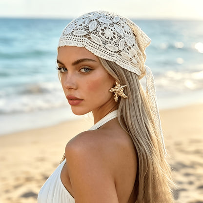 Bleached White Crochet Lace Headscarf - Boho Triangle Bandana