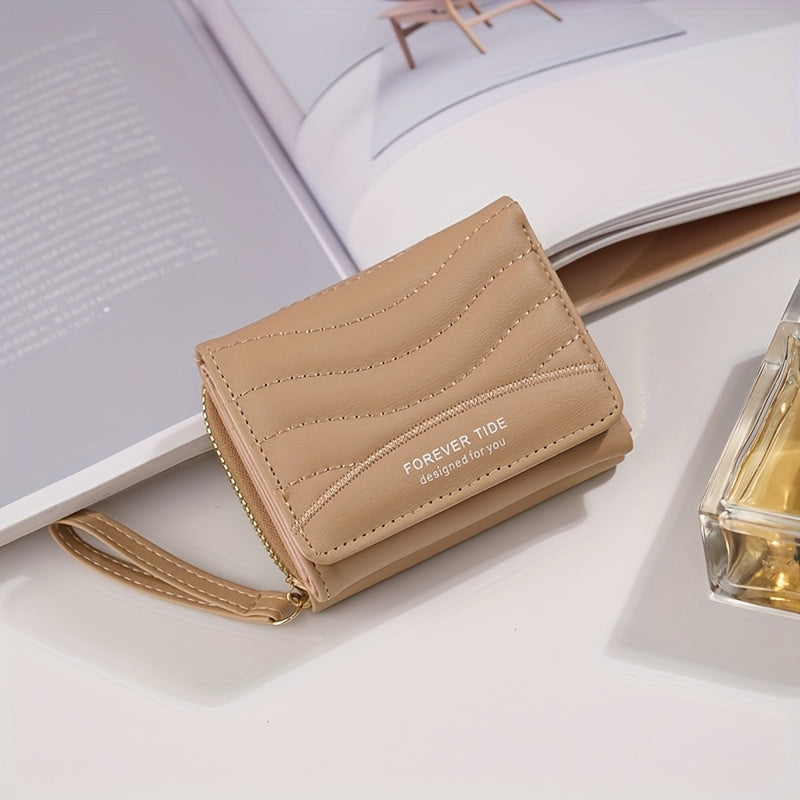 2024 New Women'S Short Wallet, Korean Style Zippered Coin Purse, Simple Design, Tri-Fold Multifunctional Faux Leather Card Holder.