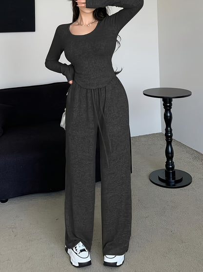 A Stylish Gray Long-Sleeve Top Paired with Loose Drawstring Wide-Leg Pants, a Two-Piece Set