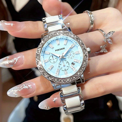 Women's Casual Quartz Watch with Rhinestone Case & Steel Strap