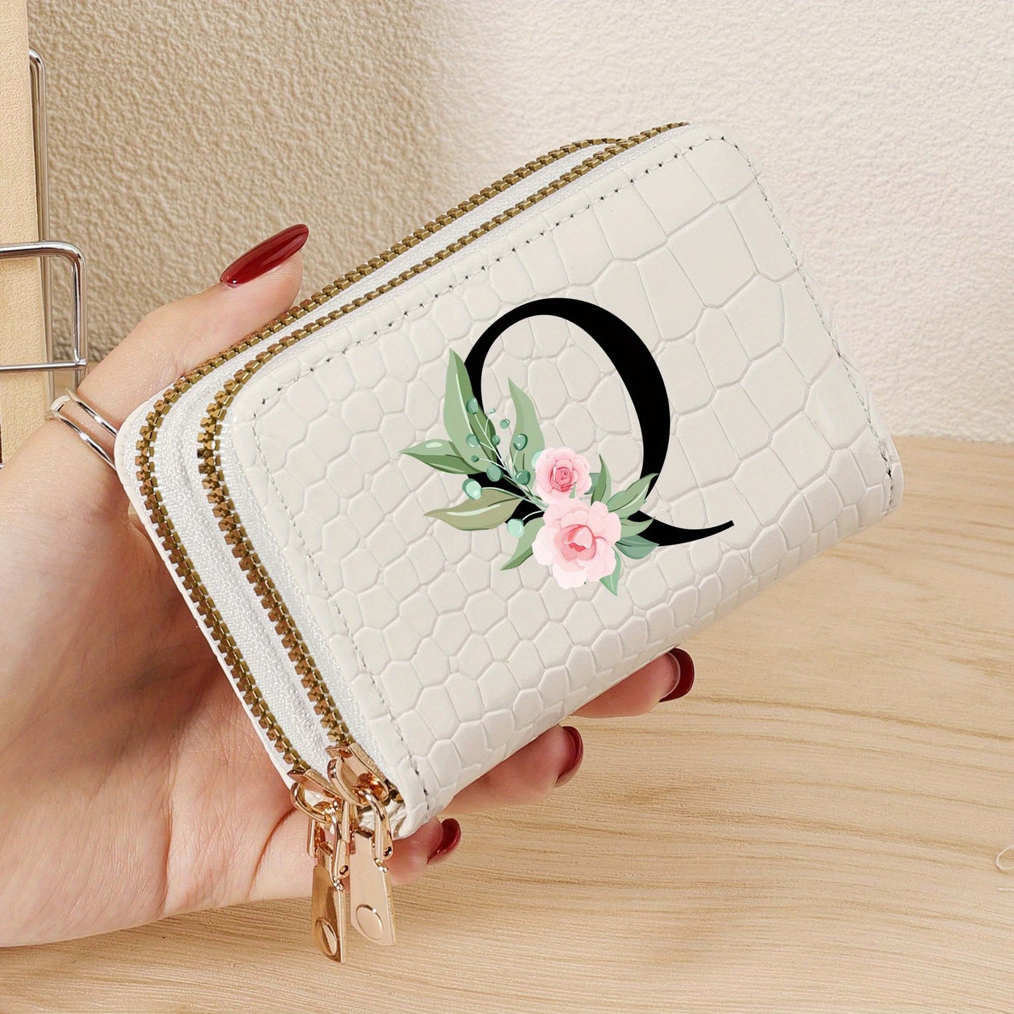 Minimalist Women'S Short Wallet Featuring a Double Zipper Design, with a Crocodile A-Z Letter Pattern. This Stylish Handbag Also Serves As a Fashionable Coin Wallet, Perfect for Travel, Back-To-School, Or Parties.