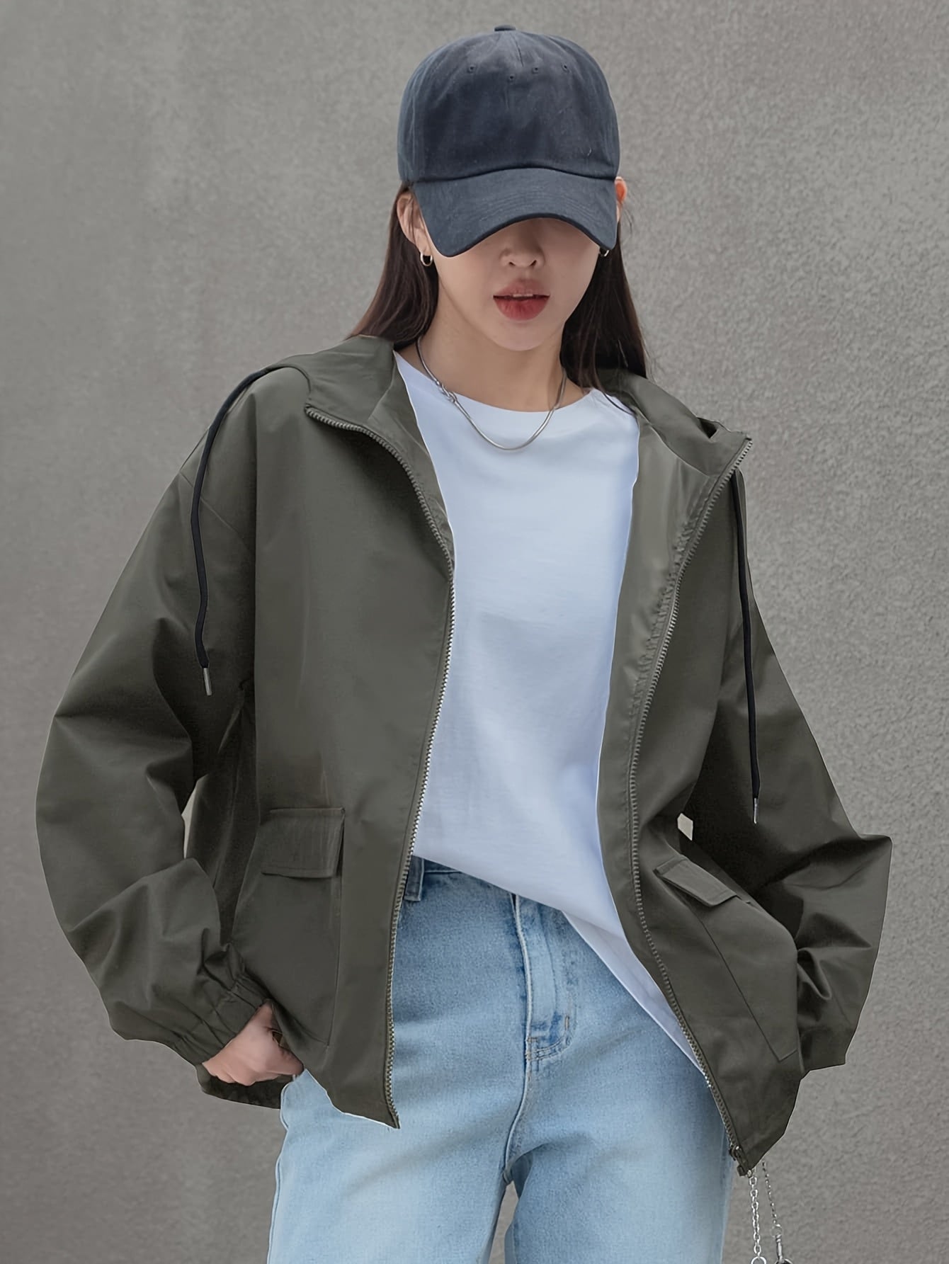 Women's Casual Hooded Jacket - Academic Style Double Pocket Zipper Front, Adjustable Drawstring Hood, Solid Color, Machine Washable Spring/Fall Outerwear for Everyday Comfort, Fall Clothing, Classic Design, Quality Stitching,