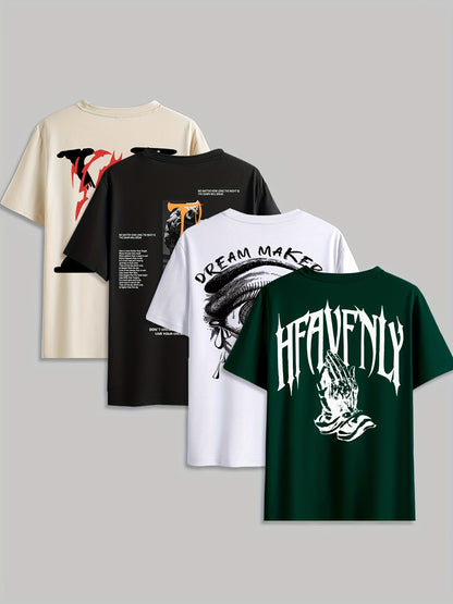4pcs Men's Graphic Tees - "Heavenly"  More Designs, Casual Crew Neck Short Sleeve T-Shirts in Beige, Black, White - Lightweight Polyester for Summer Outdoor Wear