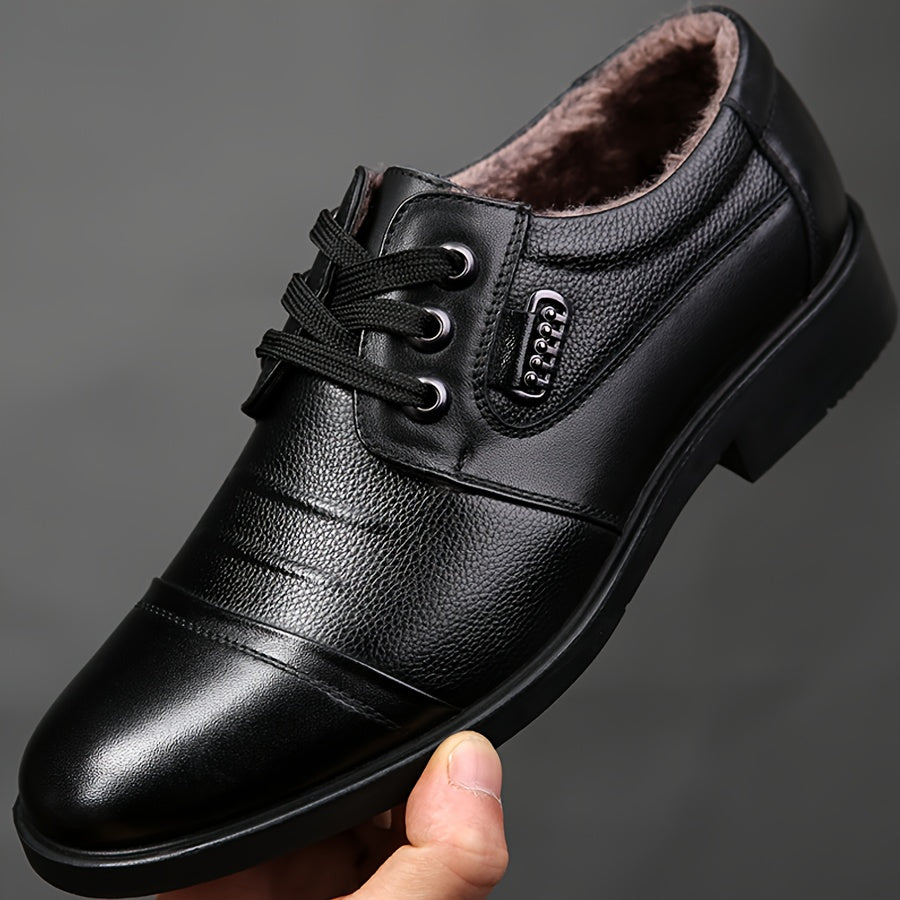 Men'S Genuine Leather Winter Warm Business Casual Shoes - Rubber Sole, Lace-Up Low-Top Design with Fabric Lining for All-Day Comfort, Black Solid Color for Office & Daily Wear