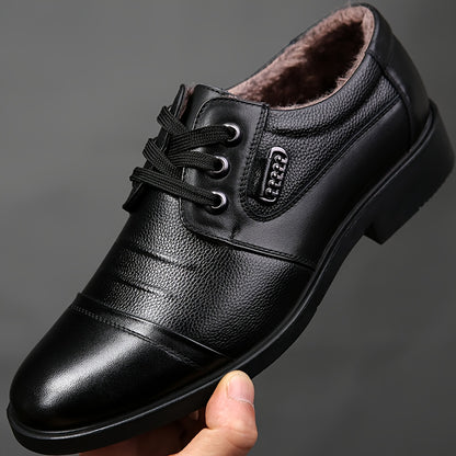 Men'S Genuine Leather Winter Warm Business Casual Shoes - Rubber Sole, Lace-Up Low-Top Design with Fabric Lining for All-Day Comfort, Black Solid Color for Office & Daily Wear