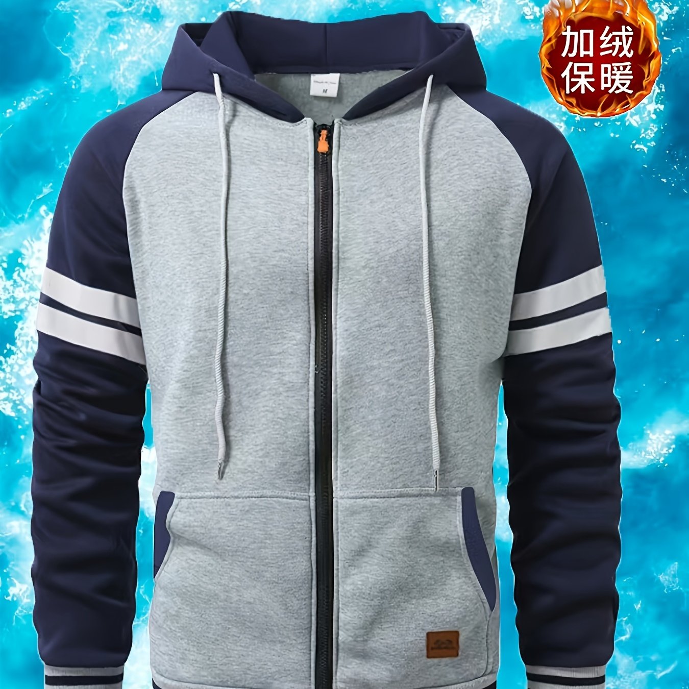 Men's 2025 Autumn East New Zipper Hoodie - Black & Grey Color-Block Contrast with White Piping, Full-Zip Closure, Chest Pocket & Adjustable Hood, Casual Streetwear for Teen Boys & Young Men, Durable Everyday Outerwear