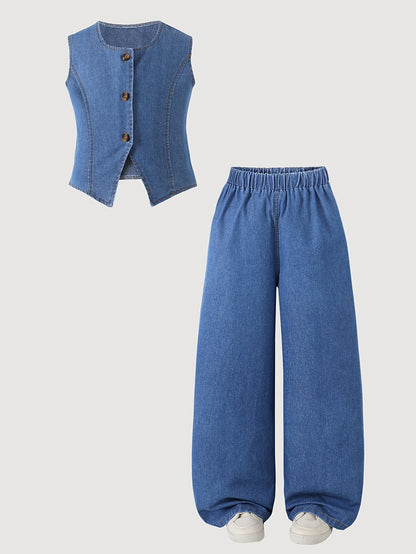 Girls' Casual Cotton Denim Two-Piece Set, Loose Fit Spring Summer