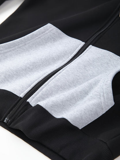 95% Polyester, 5% Spandex 2pcs Men's Set, -Lined Warm Casual Color-Block Zip-Up Sweatshirt with Pockets + Drawstring Pocket Elastic Waist Jogger Pants, 250g Men's Casual Sportswear Set, Global Four-Season Base Layer, Factory-