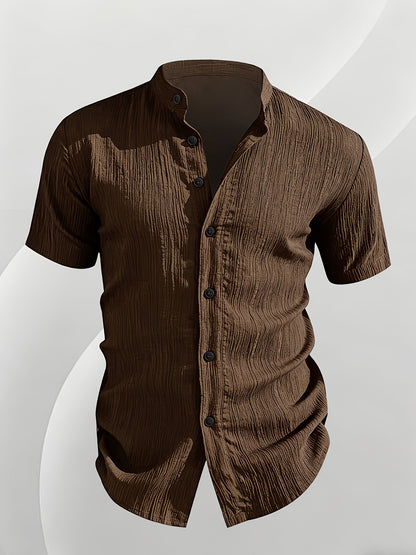 Men's Casual Solid Color Short-Sleeve Shirt with Stand Collar