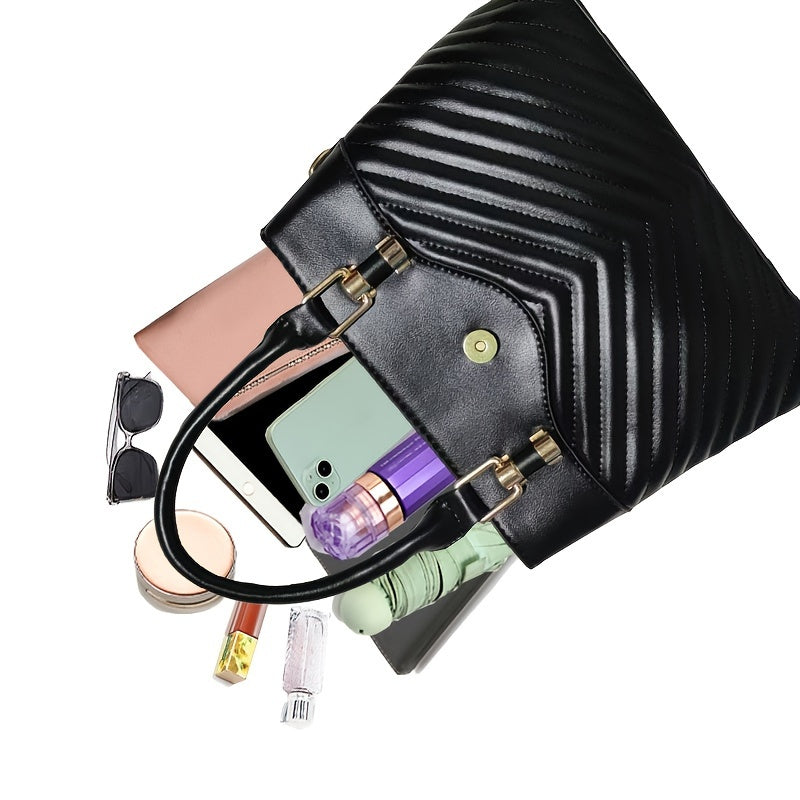 Elegant Large Capacity Black PU Tote Bag with Adjustable Strap