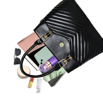 Elegant Large Capacity Black PU Tote Bag with Adjustable Strap
