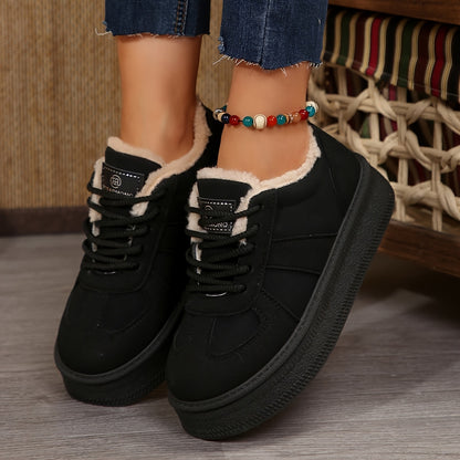 1 Pair Women's Winter Snow Boots with Plush Faux Fur, Thick Rubber Sole & Lace-Up Closure - Round Toe Warm Ankle Boots, Black & White Casual for Ice, Snow  Casual Attire (Hand Washable) - Cozy Cold-Weather Footwear, Boots For