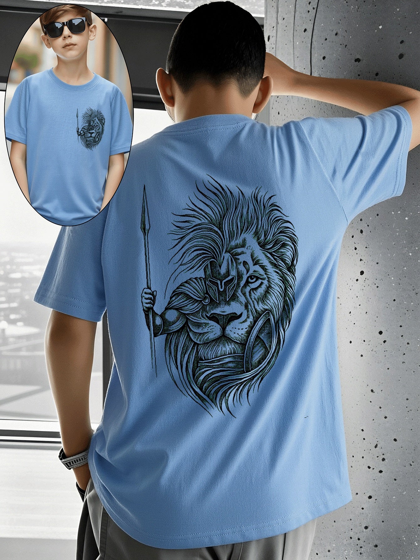 Boys' Cotton T-Shirt with Lion Warrior Print - Casual Summer Top