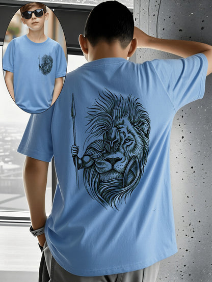 Boys' Cotton T-Shirt with Lion Warrior Print - Casual Summer Top