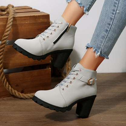 Women's Chunky platform heel Boots - Lace-up closure, Faux Cover Round-toe boots with, Thick Platform Sole for Dresses, Jeans, Party Outfits - All-Season Everyday  Formal Shoes, Stylish Outfit Additions, Side Zipper Detail,