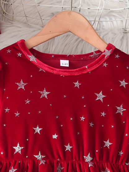 Girls' Christmas Party Dress - Red & Polka Dot A-Line Mid-Length Winter Dress with Puff Sleeves, Round Neck & Flared Skirt for Holiday Celebrations, Christmas Dresses For Girls, Festive Outfit, Playful Design