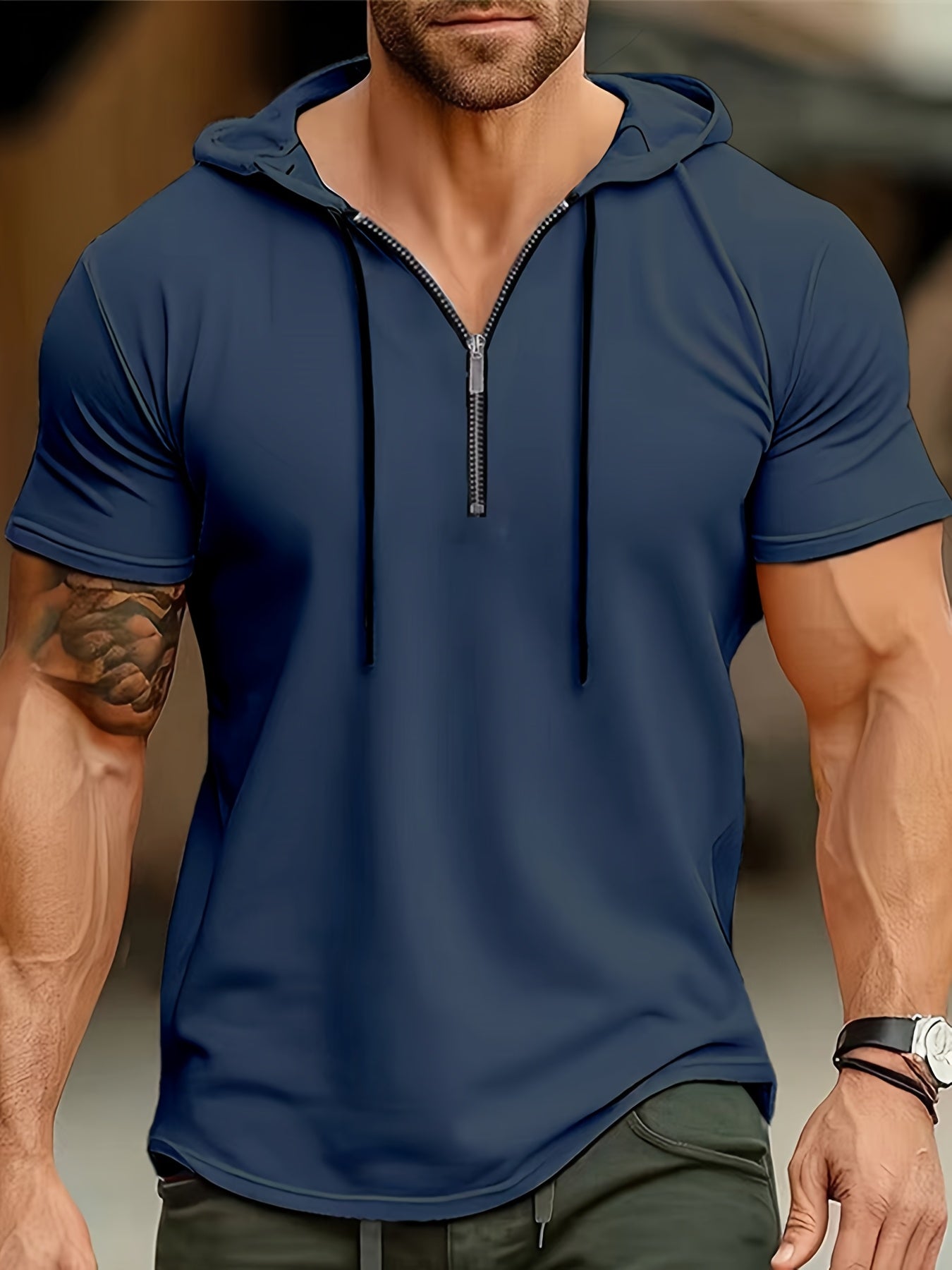 1pc Men's Light Blue Casual Hooded Short Sleeve T-Shirt with 1/4 Zipper, Breathable Stretch Fabric for Gym, Outdoor  Summer Wear, Gym Apparel, Stylish Contrast Detailing, Comfortable Fit