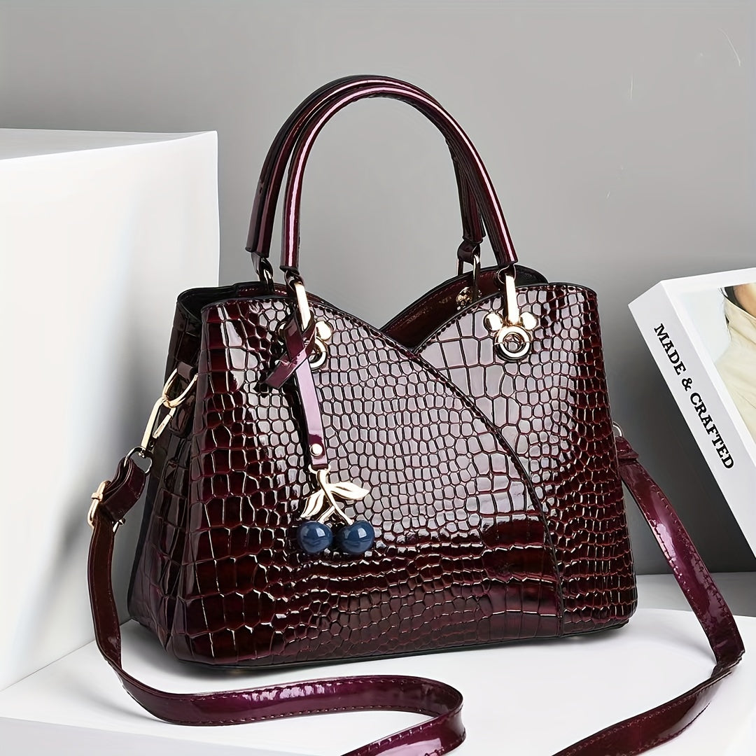 2022 Newest Trendy Women'S Faux Crocodile-Texture Handbag with Cherry Pendant - Stylish Black And Red Shoulder And Handbag, Zip Closure, Polyester Lining, Edge Paint Detail, Handbag|Chic Handbag|Zippered Bag