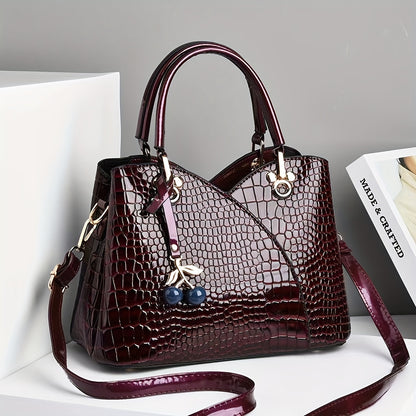 2022 Newest Trendy Women'S Faux Crocodile-Texture Handbag with Cherry Pendant - Stylish Black And Red Shoulder And Handbag, Zip Closure, Polyester Lining, Edge Paint Detail, Handbag|Chic Handbag|Zippered Bag