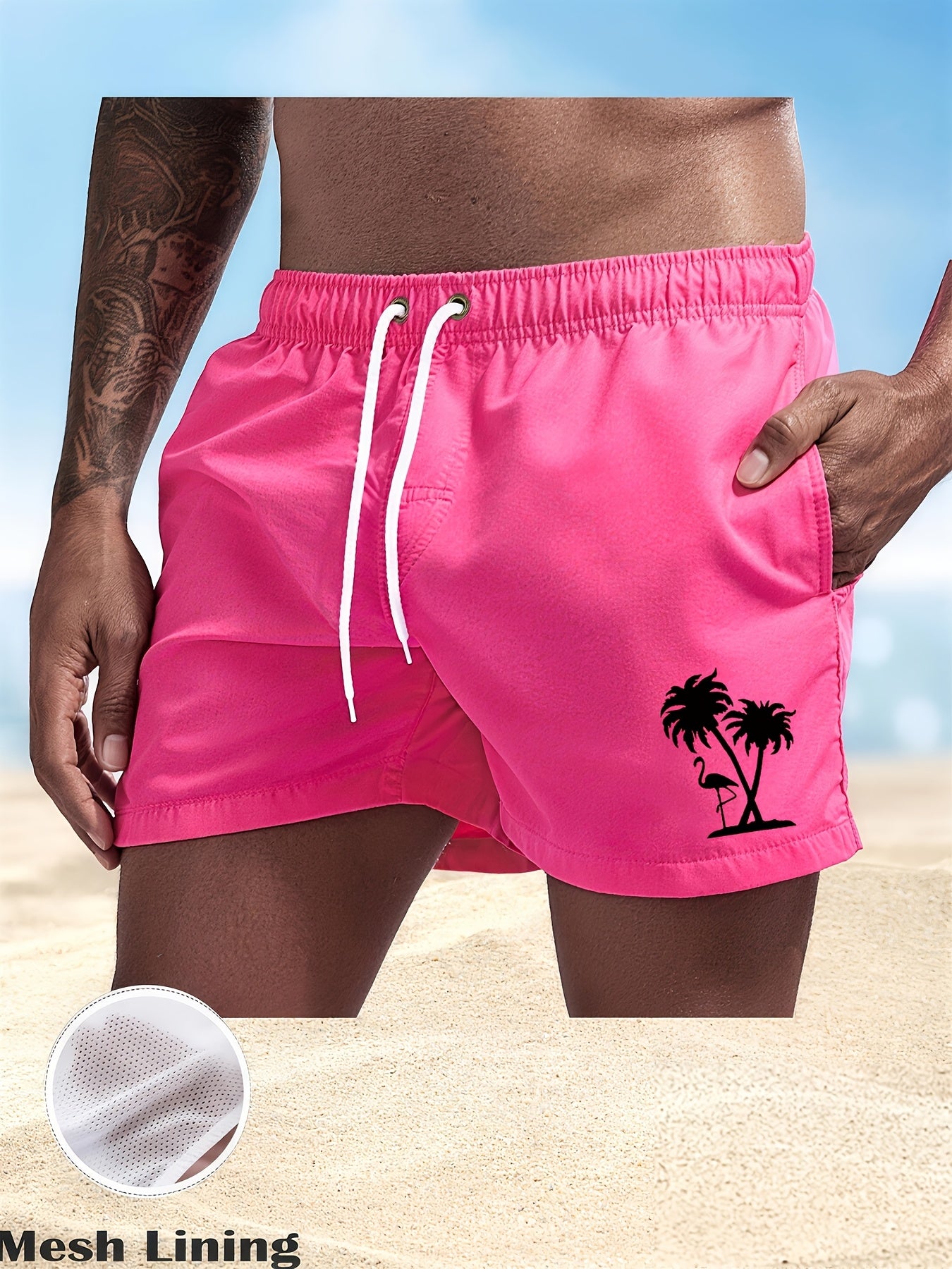 Men's Quick-Dry Flamingo Print Lightweight Beach Shorts