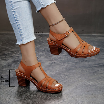 Women'S Fashion Open-Toe Strappy Sandals with Adjustable Ankle Strap, Mid-Heel, Solid Color, Faux Cover Upper  TPU Sole - Elegant Footwear for Casual Wear, Strappy Sandals