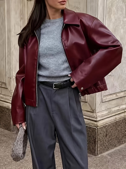 Women's Chic Faux Leather Jacket with Lapel Collar