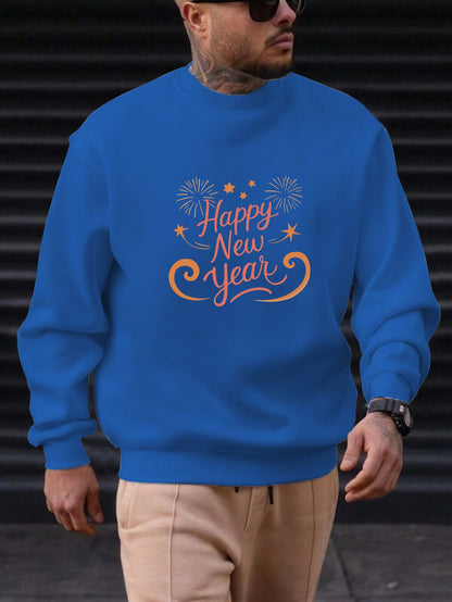Men'S Happy New Year Sweatshirt - Light Grey with Orange Lettering - Regular Fit Crewneck Pullover for New Year'S Eve, NYE Parties & Casual Attire - Non-Permanent Celebration Sweater for Everyday & Special Occasions, New Year