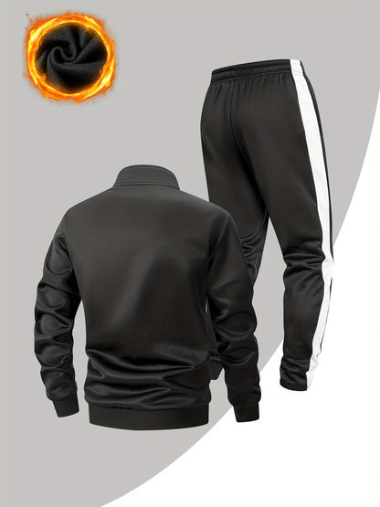 Men's Casual Sportswear Set with Geometric Print, Black & White