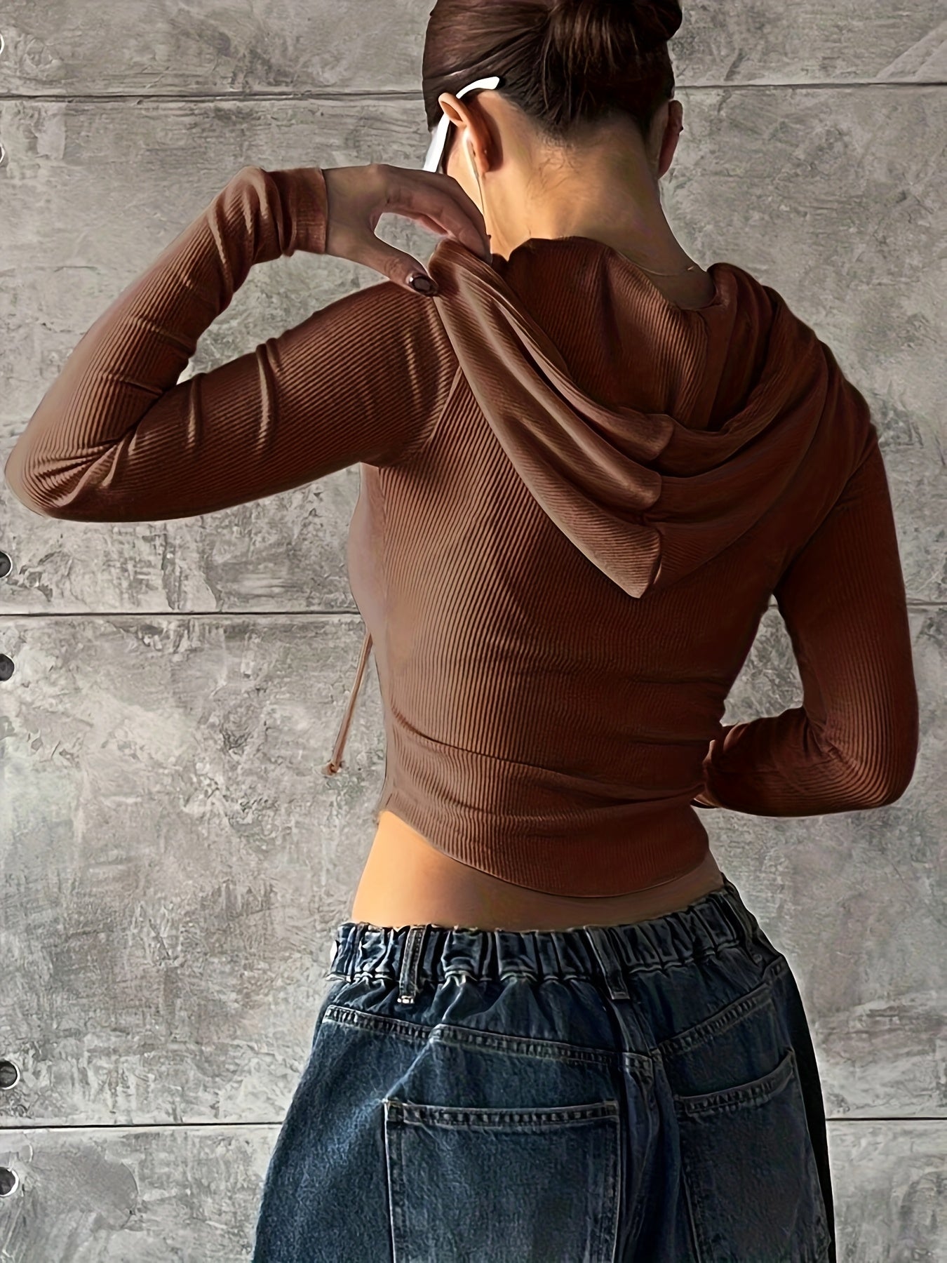 Women'S Elegant Zip-Up Hooded Jacket - Long Sleeve, Black Ribbed, Drawstring Front, Casual Style for Spring/Fall, Casual Outerwear | Hooded Jacket | Construction, Essential Hoodie