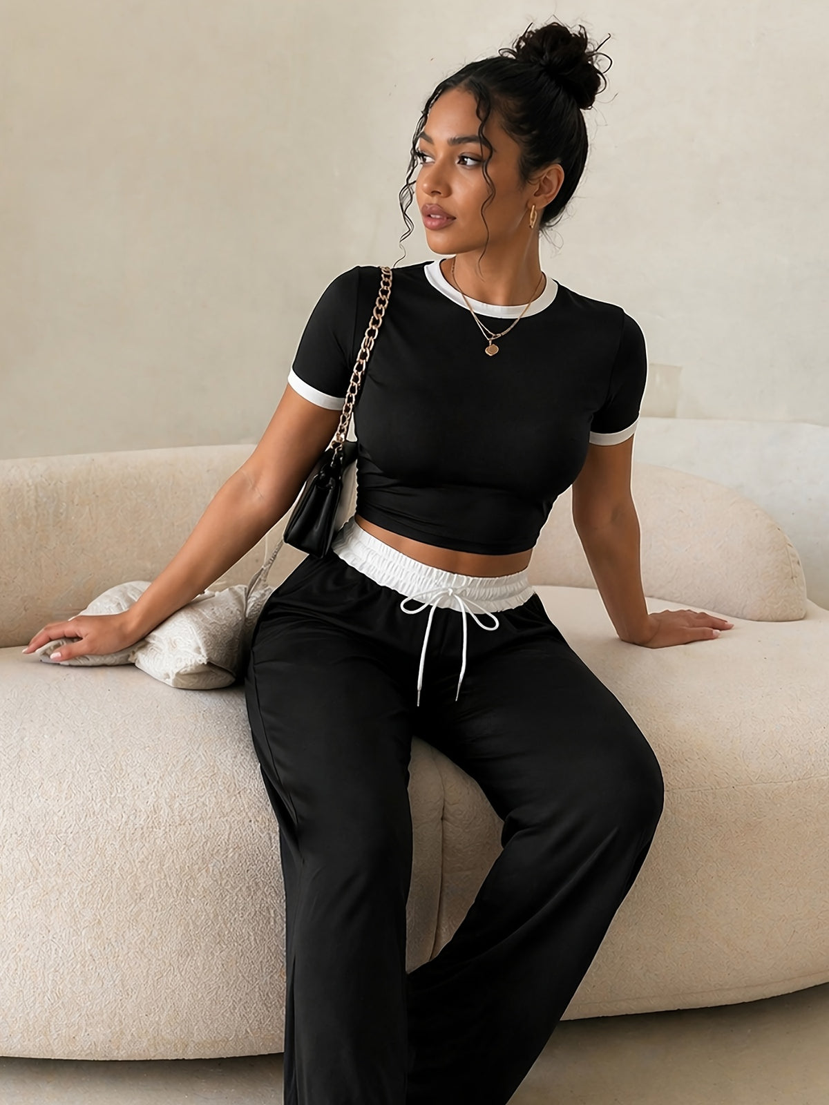 Women's Casual 2-Piece Set: Color-Block T-Shirt & Wide-Leg Pants - ayq