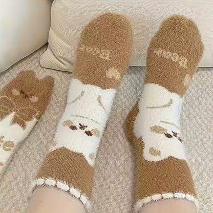 5 Pairs Women'S Cozy Fleece-Lined Mid-Calf Socks with Adorable Cartoon Bear Design - Thick, Warm, Breathable, and Soft for Home Comfort, Perfect for Fall and Winter, Cozy Home Wear | Playful Sock Design | Soft Fleece Lining,
