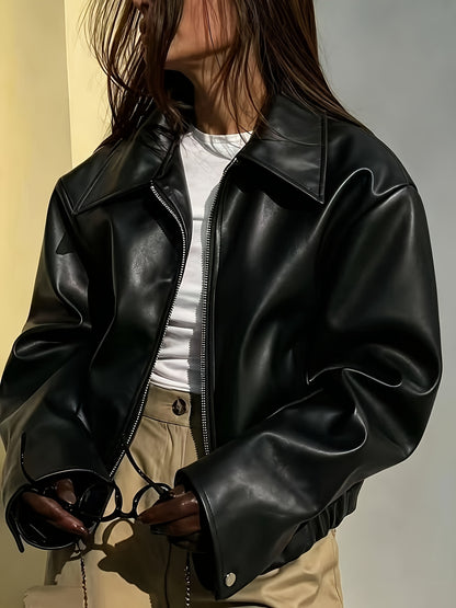 Women's Chic Faux Leather Jacket with Lapel Collar