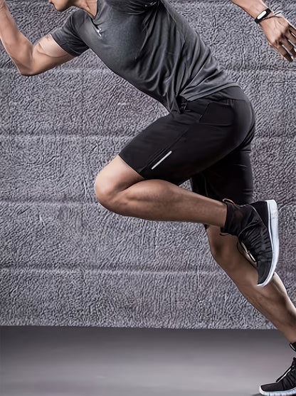 Men's Sporty Casual Shorts with Reflective Strips, Zipper Pockets