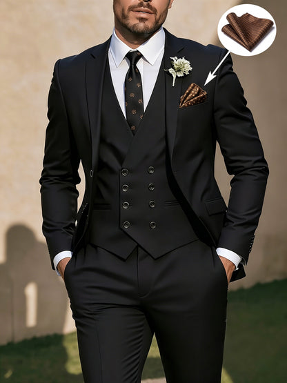 Men's 3-Piece Polyester Suit Set with Vest & Pocket Square