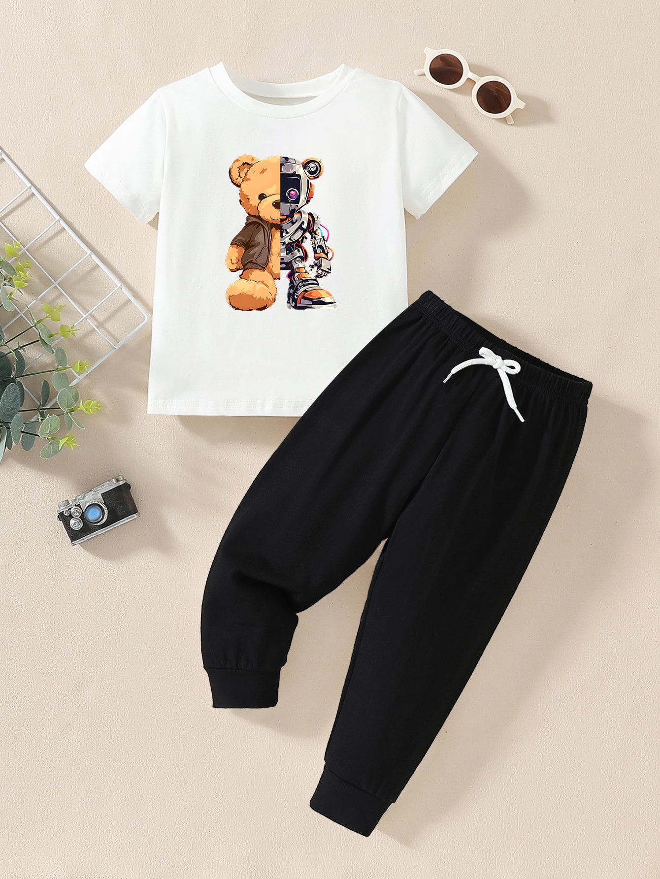 Boys' Casual Cotton T-Shirt and Pants Set with Doll Print