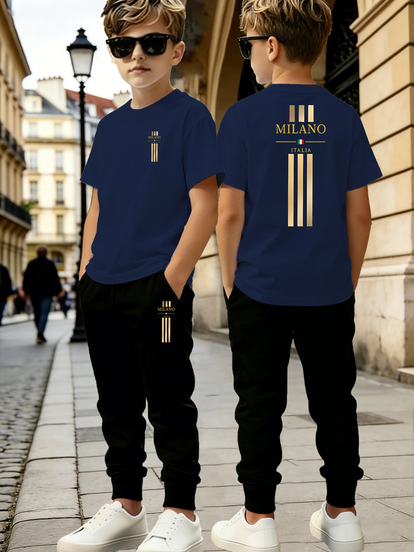 Boys' Casual Short Sleeve & Long Pants Set with Geometric Print