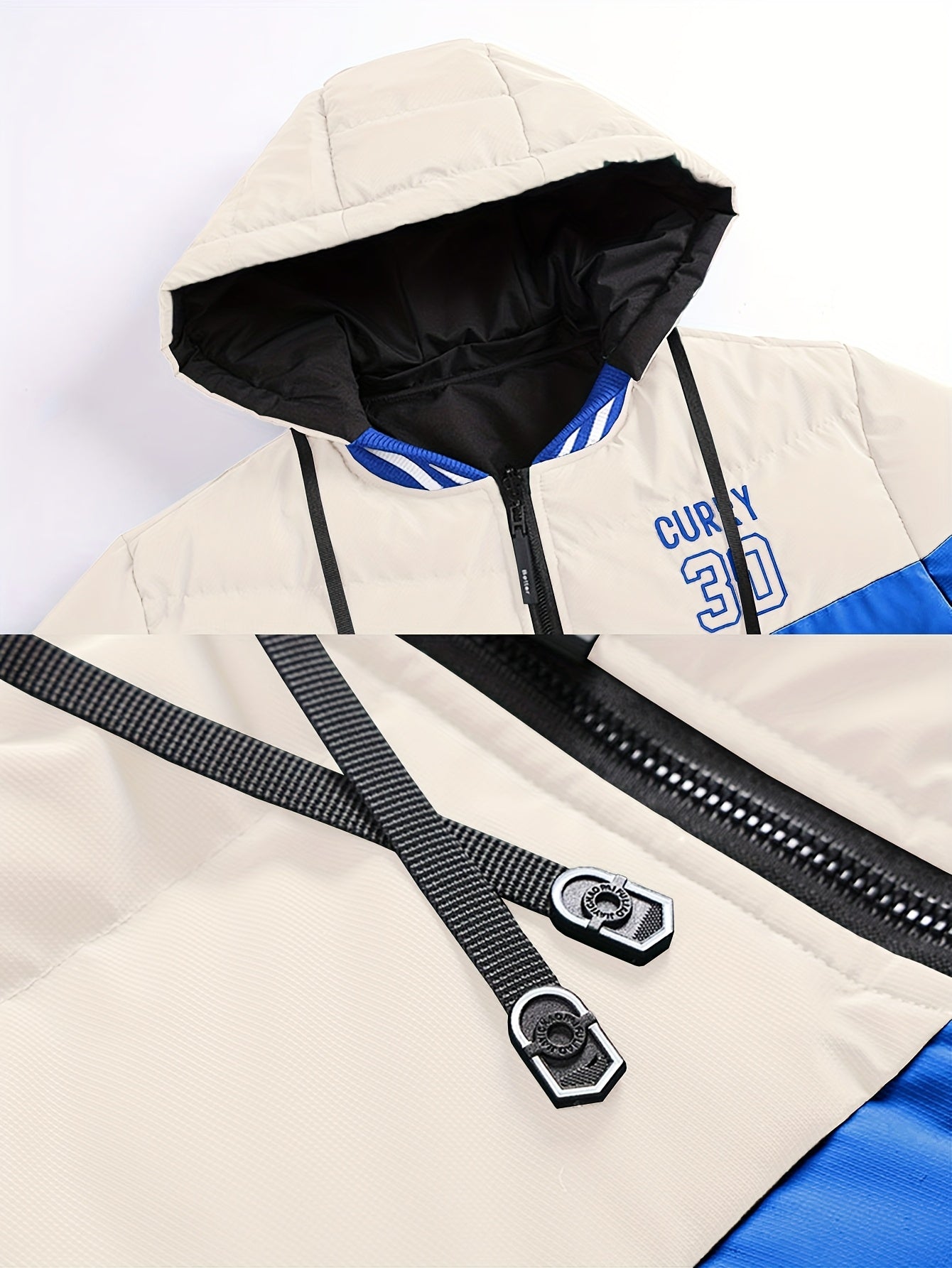 Men's Modern Streetwear Hooded Jacket with Embroidered Lettering, Color-Block Design, Removable Hood & Polyester Fill - Machine Washable Long Sleeve Coat with Pockets for Fall Winter Casual Wear