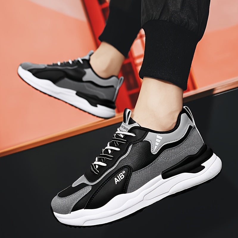 Men'S Fashion Sneakers, Casual Sports Shoes, All-Season Lace-Up Low Top, PU Upper, Fabric Lining, Rubber Sole, EVA Insole, Round Toe, with Trendy Thick Sole for Hiking, Outdoor, Daily Wear