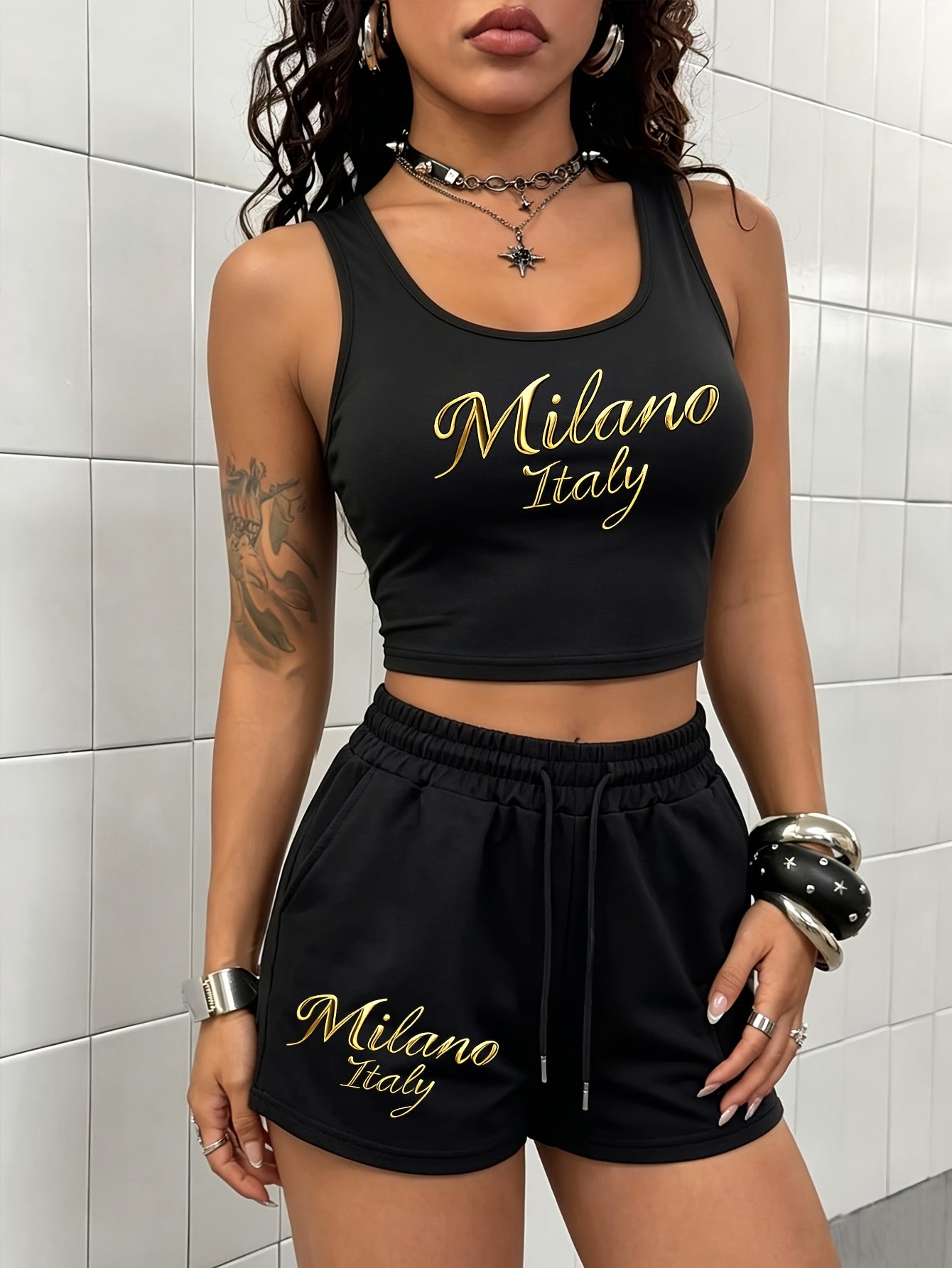 Women's Casual Vest and Shorts Set with Milano Italy Print