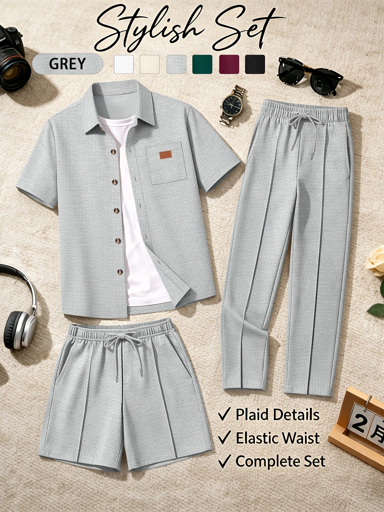 Men's Casual 3-Piece Set: Waffle Knit Shirt, Shorts & Pants