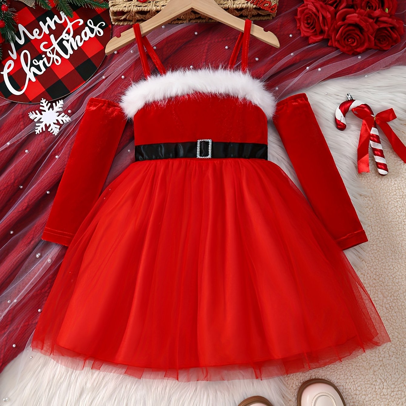 Girls' Christmas Red & White Tulle Dress with Spaghetti Strap Off-Shoulder Neckline, Long Sleeves, Fluffy Trim Hem & Golden Belt - Elegant Party Dress for Holiday Celebrations, Christmas Pageant, New Year's Eve - Machine Wash