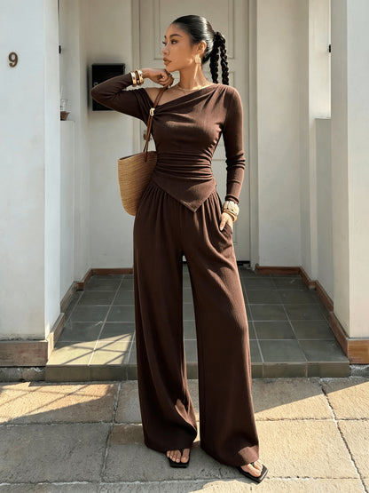Women's Elegant Off-Shoulder Top & High-Waist Wide-Leg Pants Set