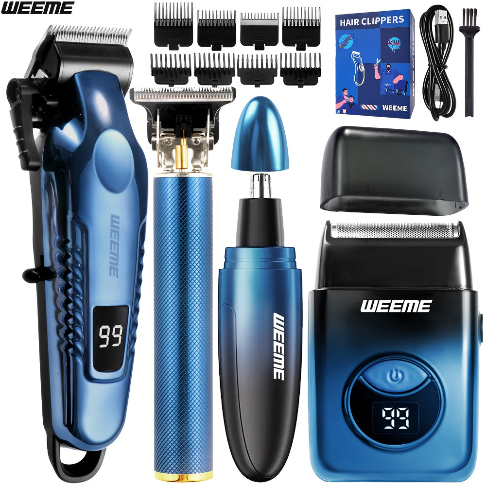 WEEME 4pcs Men's Electric Hair Clipper Set, Beard Trimmer Set, Household Facial Cleansing Set. Hair Cutting, Shaving, Trimming of Nasal Hair, Trimming of Sideburns, Facial Hair Cleaning. USB Charging. for Household Use, Vehic - ayq