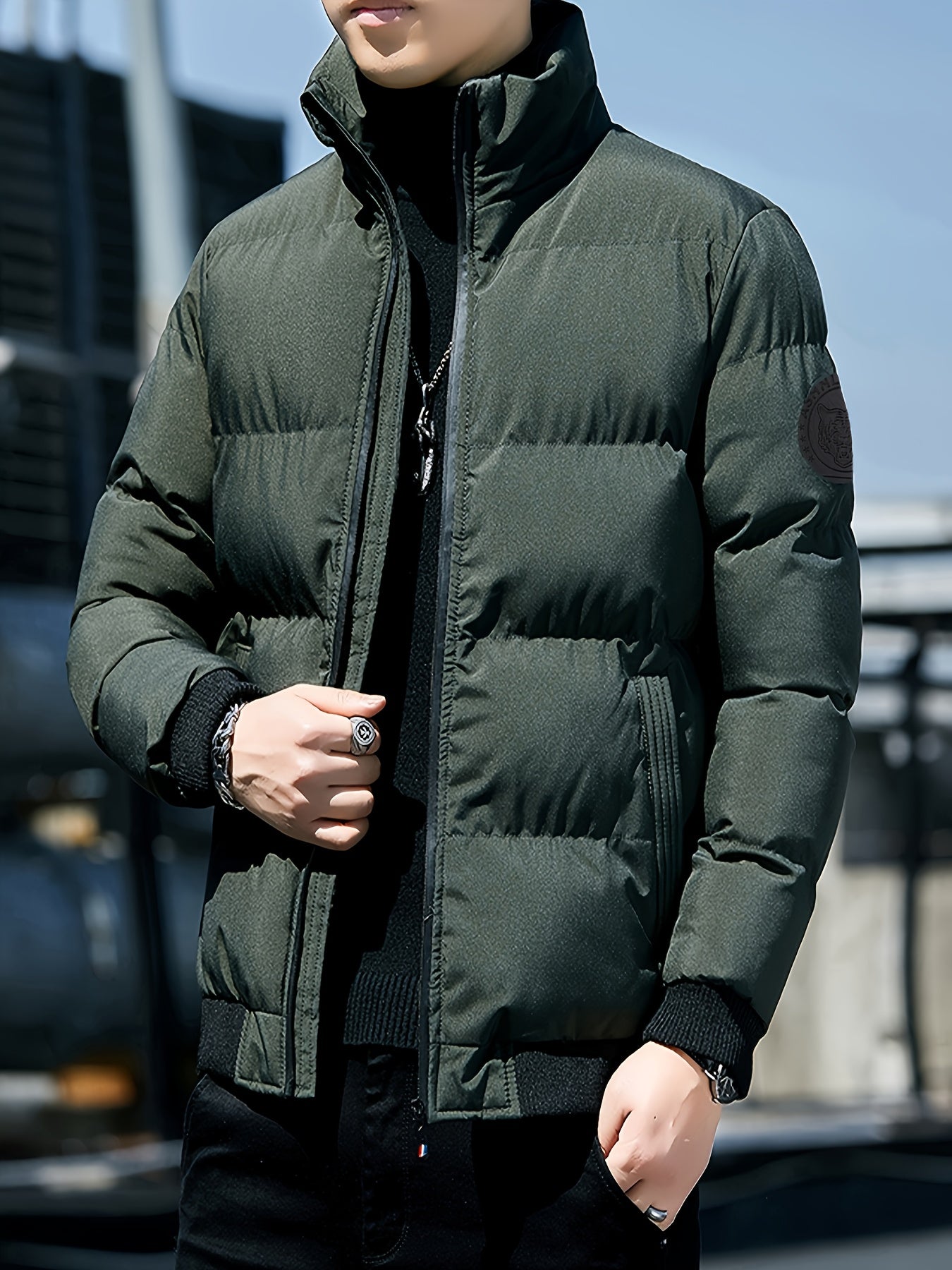 Men'S Stylish Tiger Head Jacket - Black, Red & White, Zip-Up, Stand Collar, Polyester, Casual Outdoor Wear, Casual Winter Wear | Stylish Jacket | Zippered Jacket