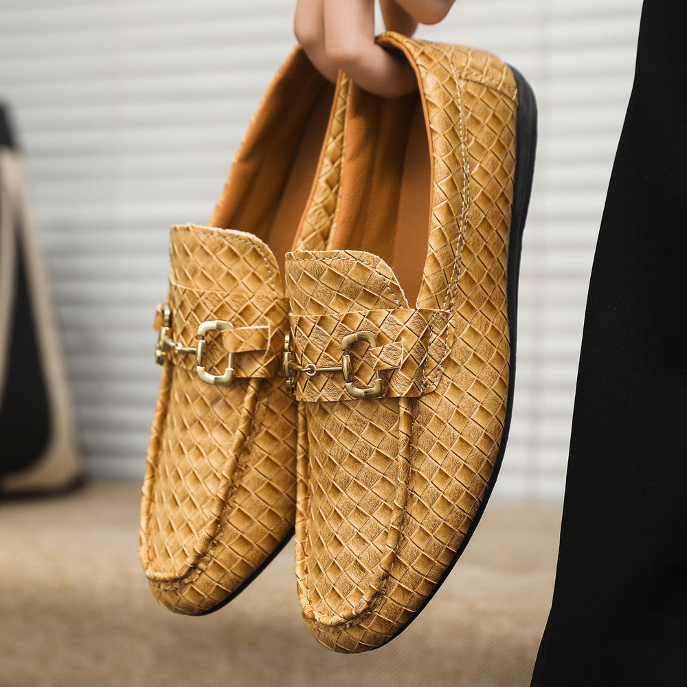 Men's Slip-On Loafers - Black  Tan Casual Shoes with Golden-Tone Metal Accents, Round Toe Comfort, All-Season Versatile for Office  Social Events, Casual Attire, Elegant Style, Premium Material, Modern Gentlemen