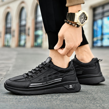 Men's Breathable Casual Sneakers - Comfortable, Versatile  Stylish Shoes for Running, Sports  Casual Attire, Black with White Accents, PU Upper  PVC Sole, Round Toe, Lace-Up Design, All-Season Use