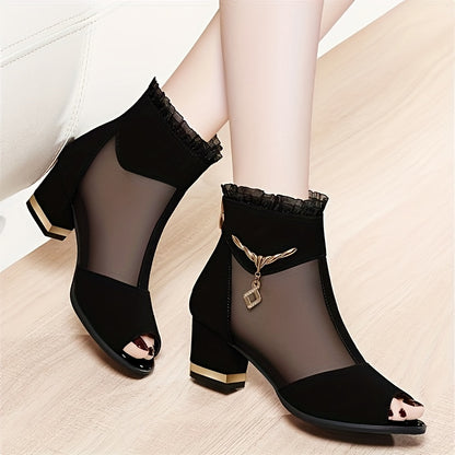 Elegant Black High-Heel Sandals with Mesh Upper - Comfortable Block Heel, Open Toe Design, Stylish Zipper Closure, Perfect for Summer Formal Wear, Formal Footwear Elegant High Heel Zipper Closure Sandals